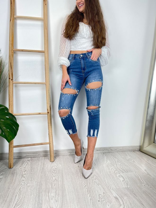 Skinny džíny v 7/8 délce s dírami a kamínky modré