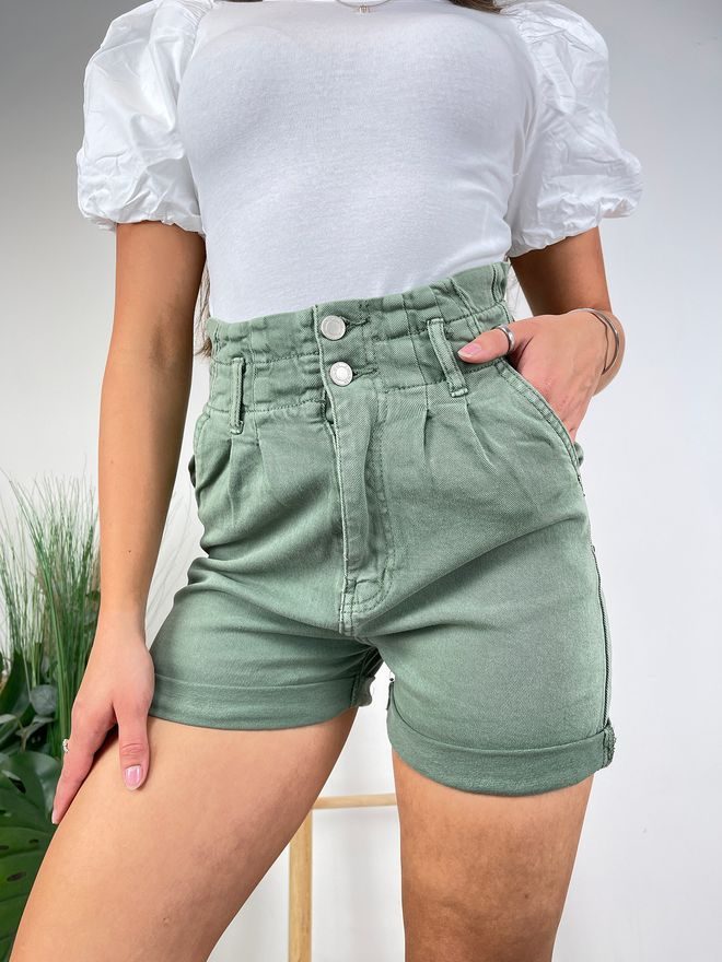 Džínové kraťasy s vysokým pasem khaki