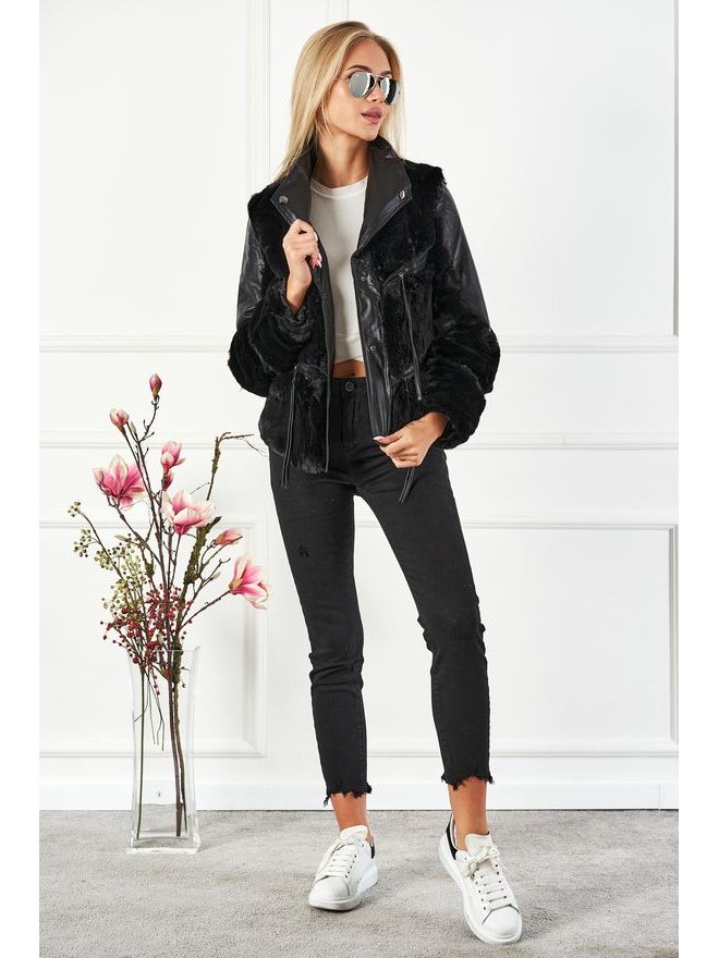 Kožešinová bunda s koženkou a zipy, černá
