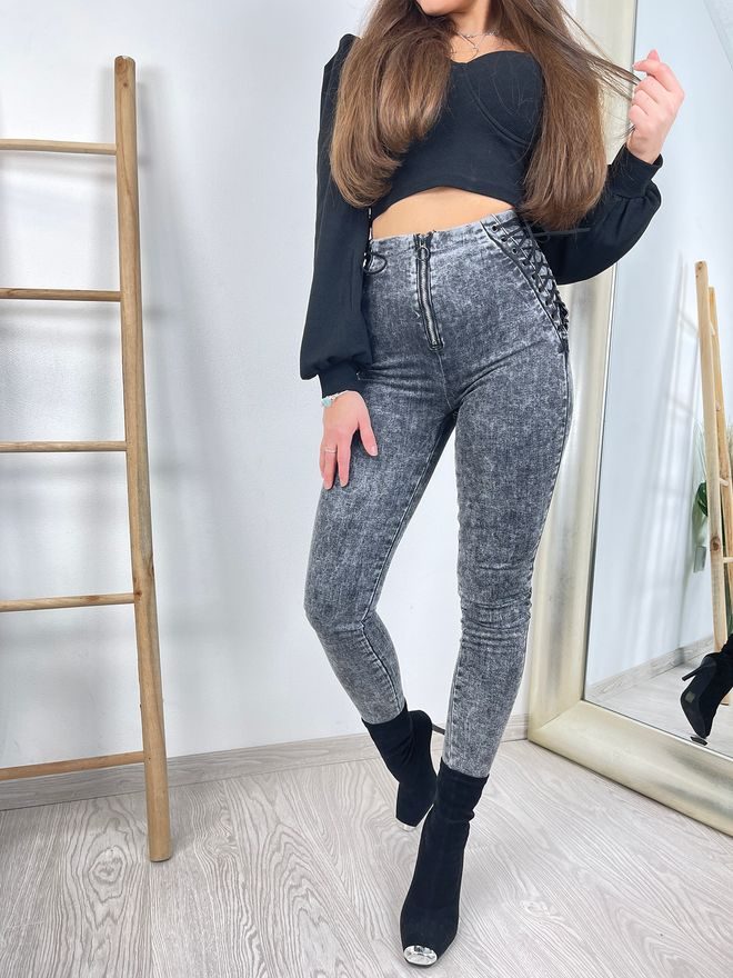 Skinny džíny s vysokým pasem a šněrováním tmavě šedé