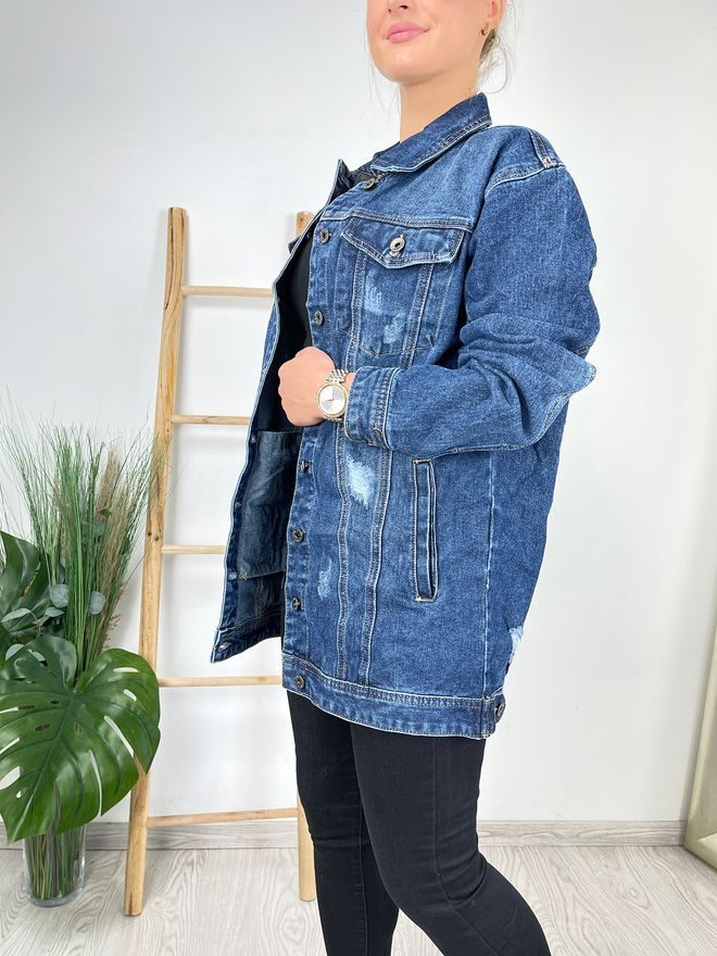 Bunda džínová dlouhá s trháním tmavě modrá