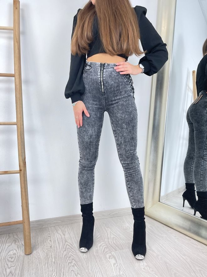 Skinny džíny s vysokým pasem a šněrováním tmavě šedé