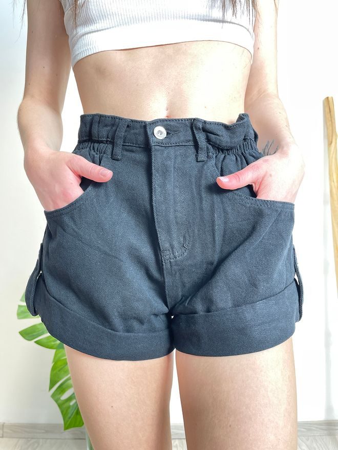 Džínové baggy kraťasy s gumou v pase černé