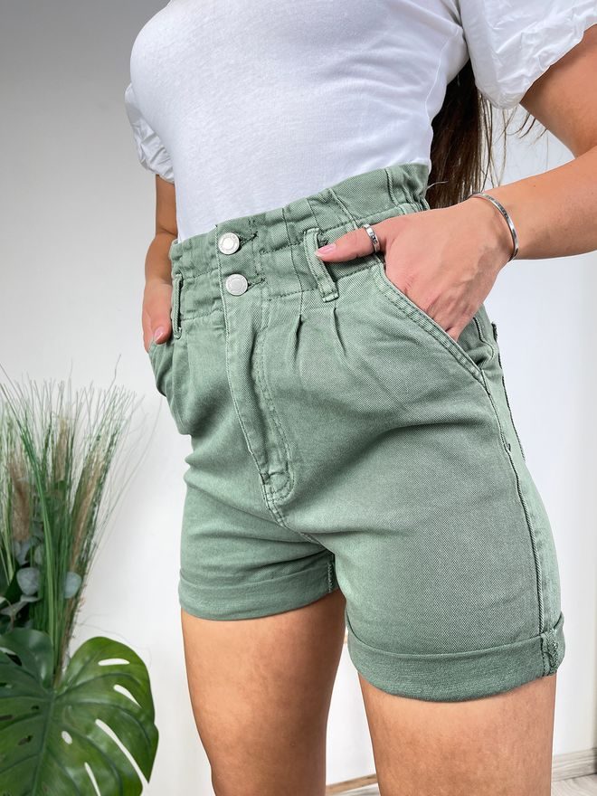 Džínové kraťasy s vysokým pasem khaki