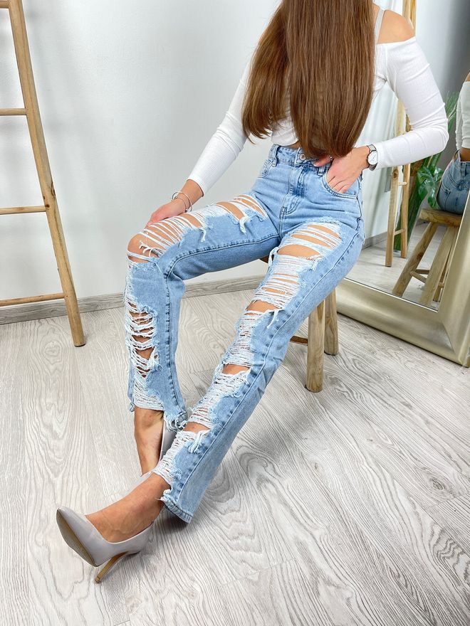 Straight džíny s vyšším pasem a trháním světle modré