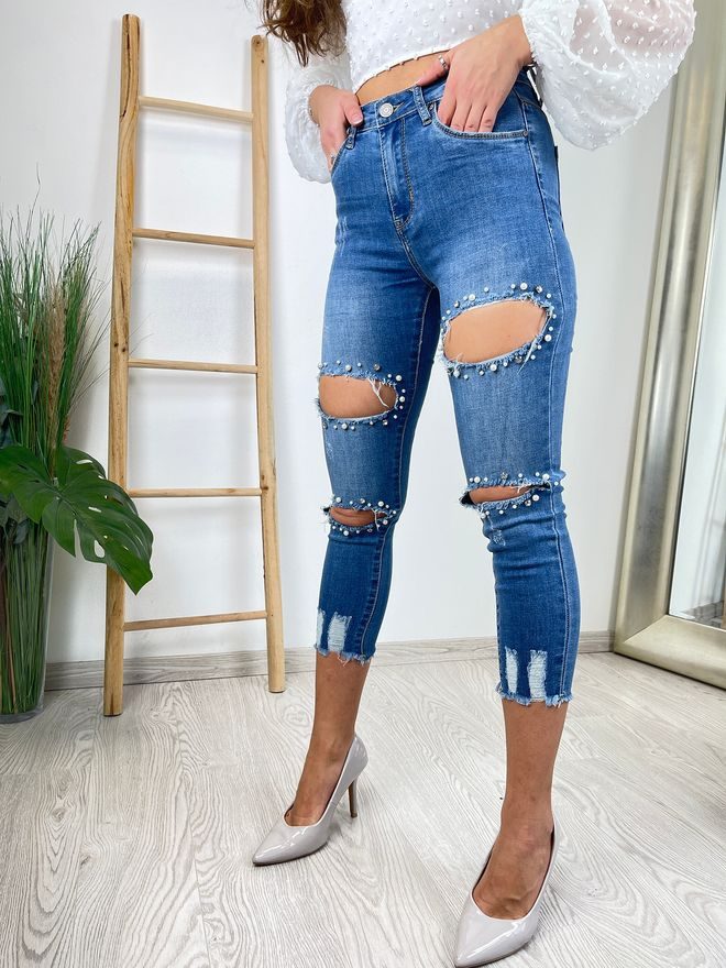 Skinny džíny v 7/8 délce s dírami a kamínky modré