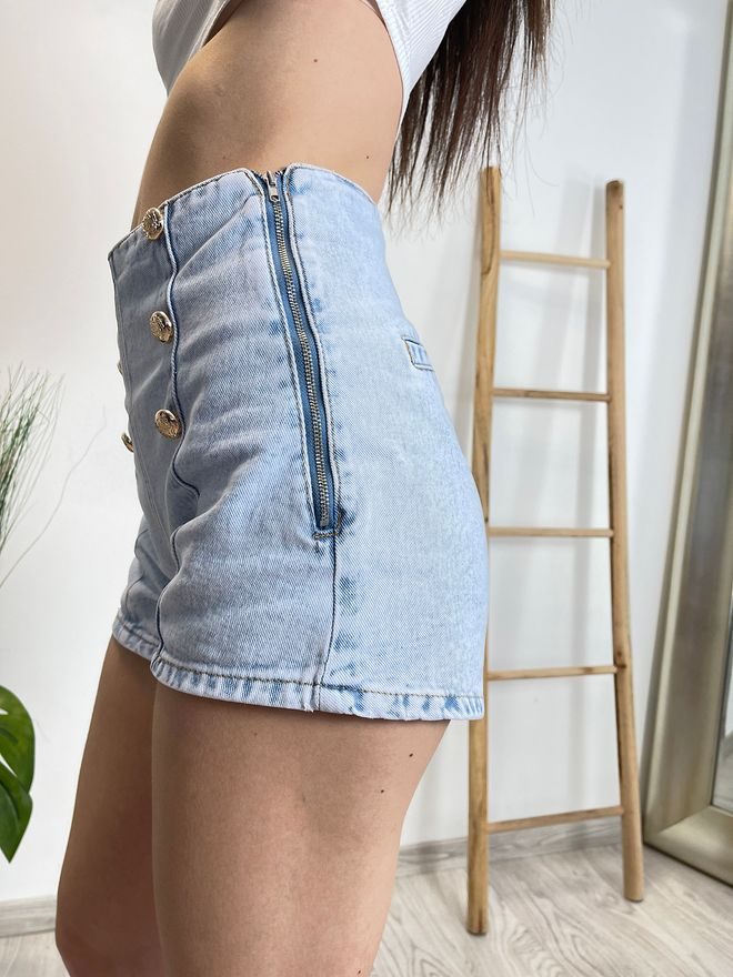 Džínové kraťasy s vysokým pasem a zipem na boku světle modré