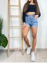 Džínové kraťasy s vysokým pase a páskem se cvočky modré