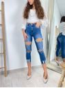 Skinny džíny v 7/8 délce s dírami a kamínky modré