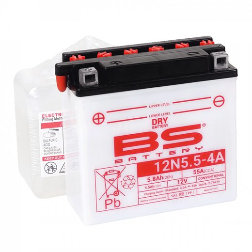KONVENČNÍ MOTOCYKLOVÁ BATERIE BS-BATTERY 12N5.5-4A VČETNĚ BALENÍ KYSELINY