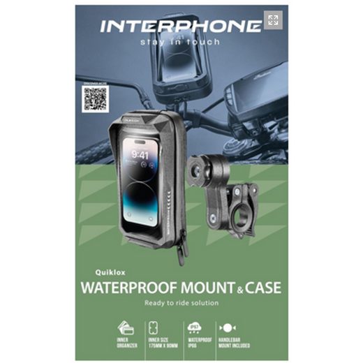 INTERPHONE UNIVERZÁLNÍ VODĚODOLNÉ POUZDRO QUIKLOX WATERPROOF, DO 7", ÚCHYT NA ŘIDÍTKA
