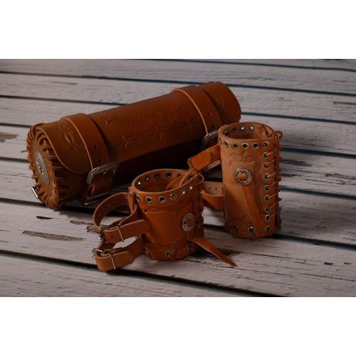 BIKERSMODE DRŽÁK NÁPOJE BP KOŽENÝ SVĚTLE HNĚDÝ ZDOBENÍ KONČAK