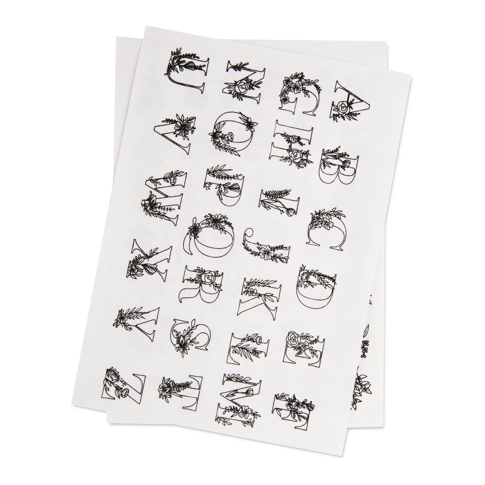 Manumi vodou rozpustný podklad na vyšívání s motivy květin a abecedy - 3 kusy