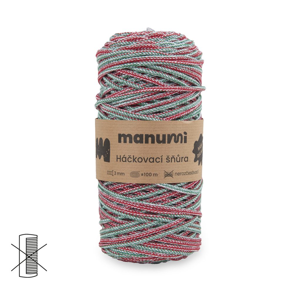 Manumi háčkovací šňůra 3 mm červeno-zelená se stříbrnou nitkou - 3 ks