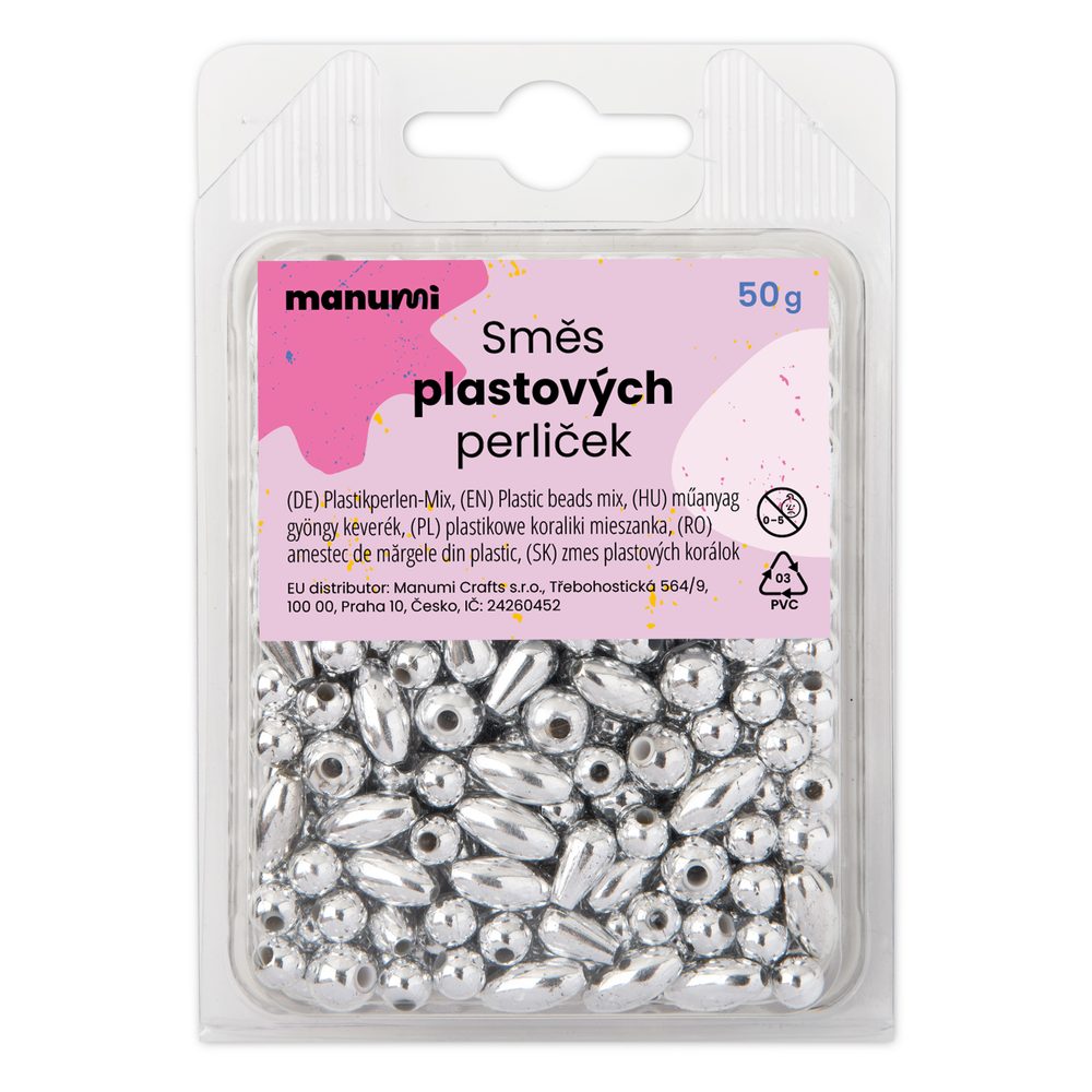 Manumi metalické plastové korálky v barvě stříbra - 100 g