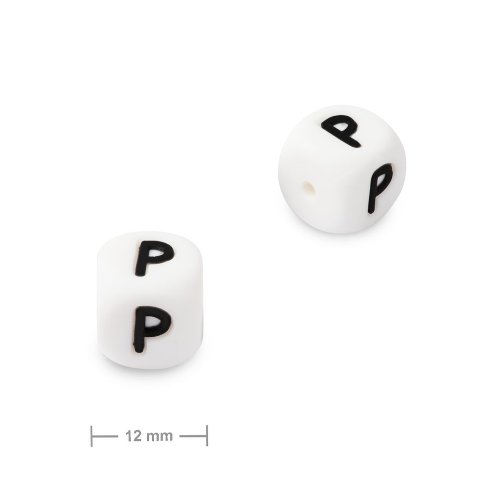 Silikonový korálek kostka 12 mm s písmenem P - 1 ks