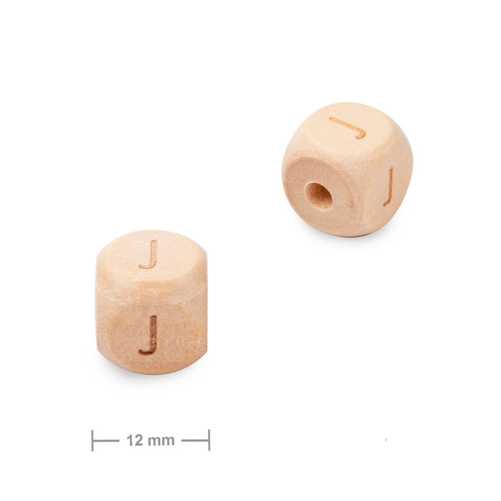 Dřevěný korálek kostka 12 mm s písmenem J - 1 ks