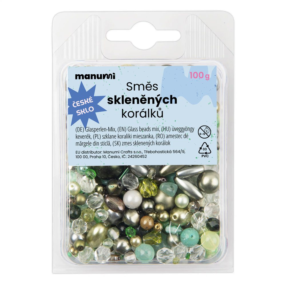 Manumi směs skleněných korálků zelená - 500 g