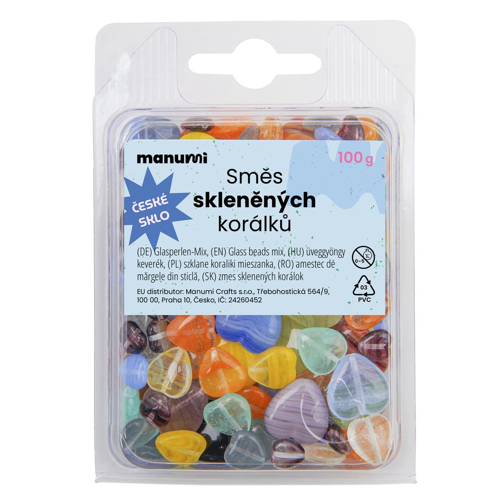 Manumi směs skleněných korálků srdíčka - 500 g