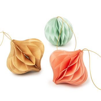 Set of 3 paper decorations in the shape of pastel Christmas baubles