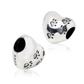 Sterling silver 925 large-hole bead Heart with paws  Ag 925