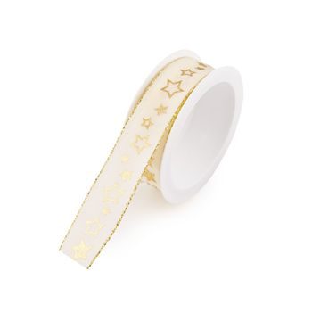 Taffeta gift ribbon cream with gold stars 25mm/3m