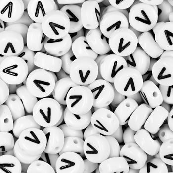 White plastic bead 7x4 mm with letter V