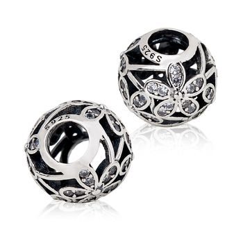 Sterling silver 925 large-hole bead Filigree flowers with zircons Ag 925