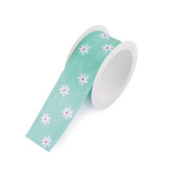 Taffeta gift ribbon turquoise with flowers 40mm/2m