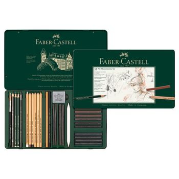 Faber-Castell sada na kreslení Pitt Monochrome v plechové krabičce 33ks detail balení