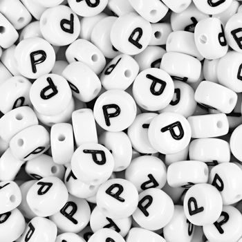 White plastic bead 7x4 mm with letter P