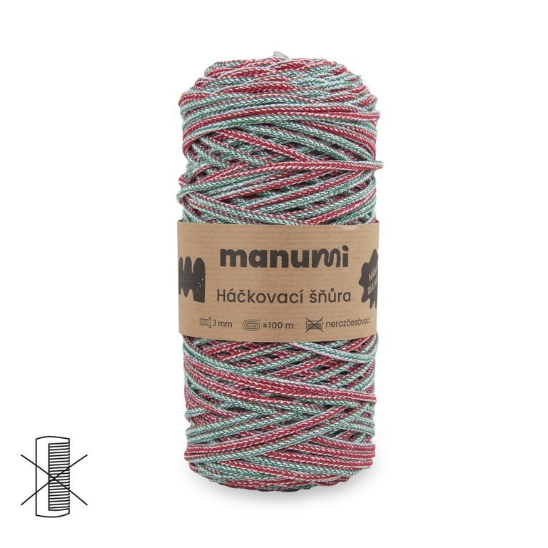 Manumi háčkovacia šnúra 3 mm červeno-zelená so striebornou nitkou