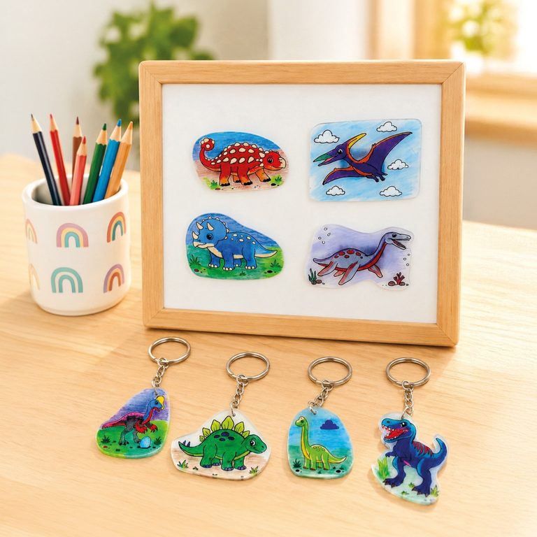 Manumi kreativní sada na výrobu magnetek a klíčenek ze smršťovací fólie s motivy Dinosaurů