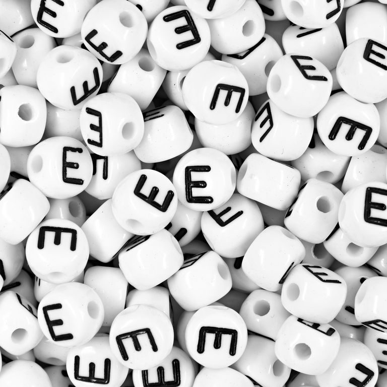 White plastic bead 7x5 mm with letter E