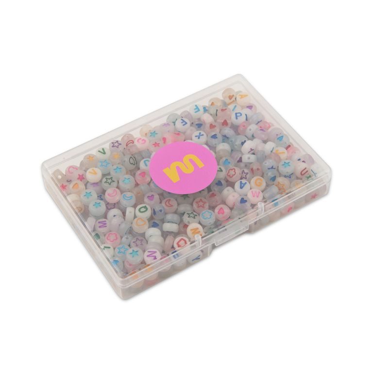 A set of colored plastic beads 7 x 4 mm with letters and symbols that glow in the dark