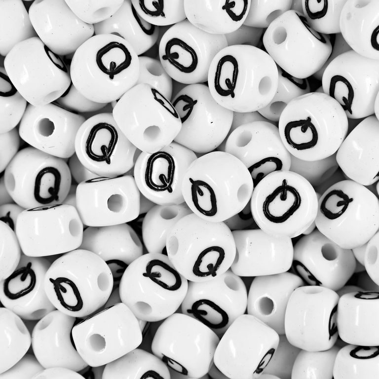 White plastic bead 7x5 mm with letter Q