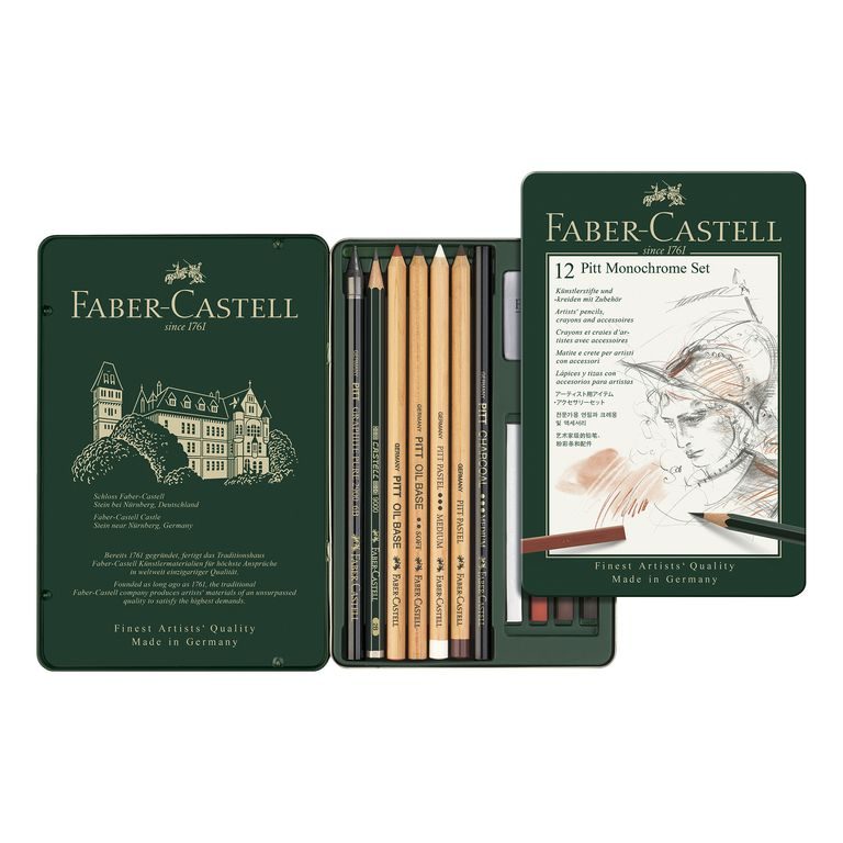 Faber-Castell sada grafitových tužek s příslušenstvím Pitt Monochrome v plechové krabičce 12ks detail balení