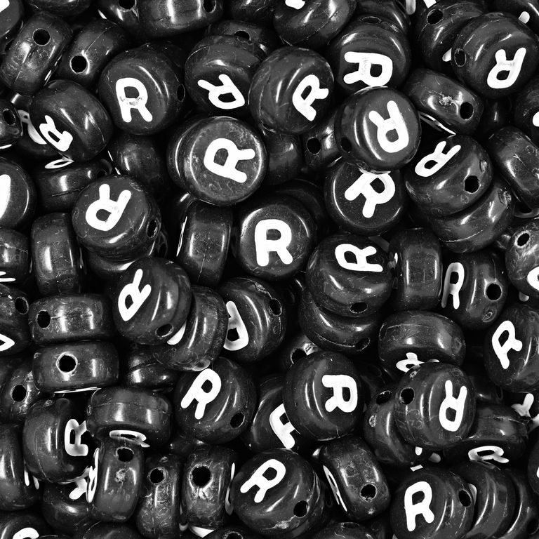 Black plastic bead 7x4 mm with letter R