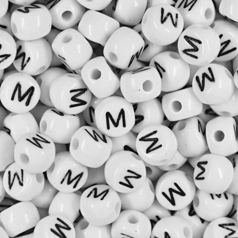 White plastic bead 7x5 mm with letter M