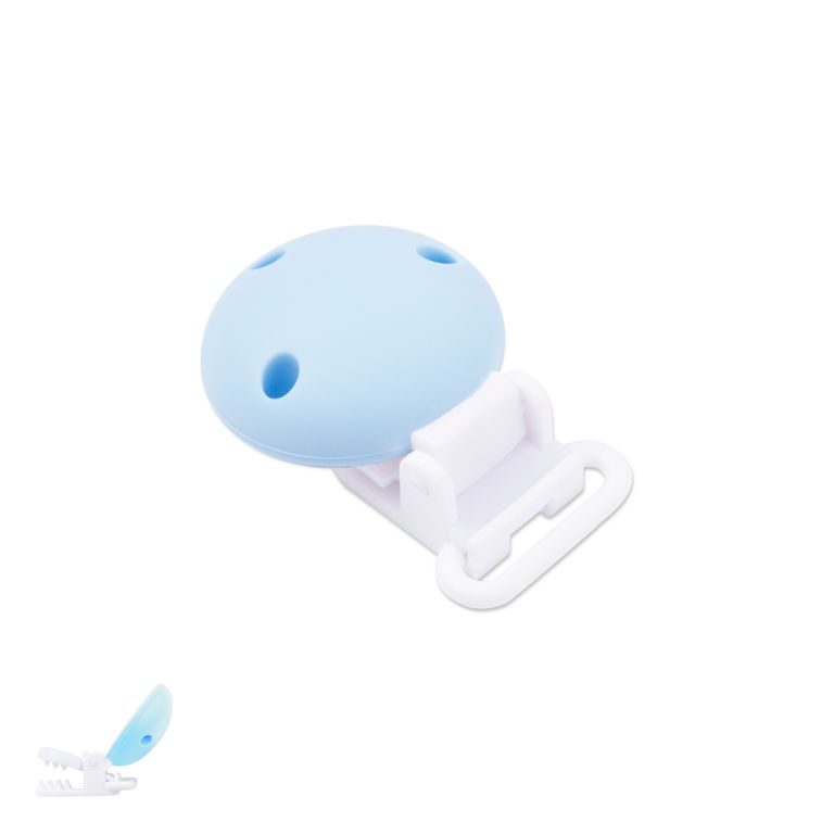 Clips din silicon pentru suzetă 33,5mm cu clemă de plastic Pastel Blue