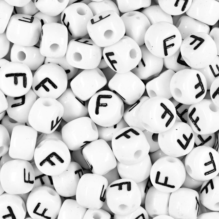 White plastic bead 7x5 mm with letter F