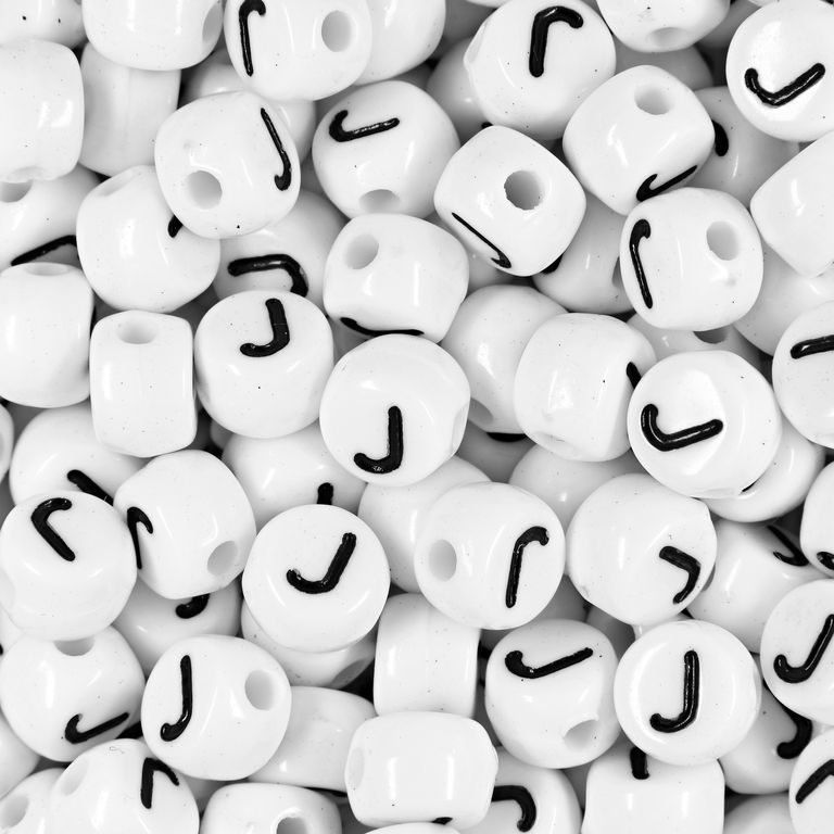 White plastic bead 7x5 mm with letter J
