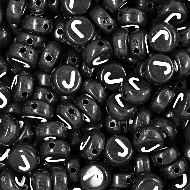 Black plastic bead 7x4 mm with letter J