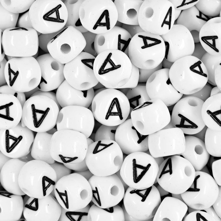 White plastic bead 7x5 mm with letter A