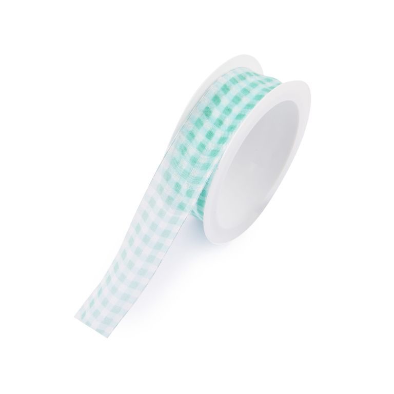 Organza gift ribbon turquoise checkered 25mm/3m