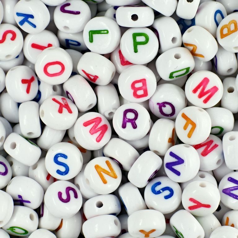 Colour mix of plastic beads 7x4 mm with letters
