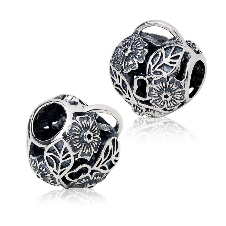 Sterling silver 925 large-hole bead Heart with flowers Ag 925