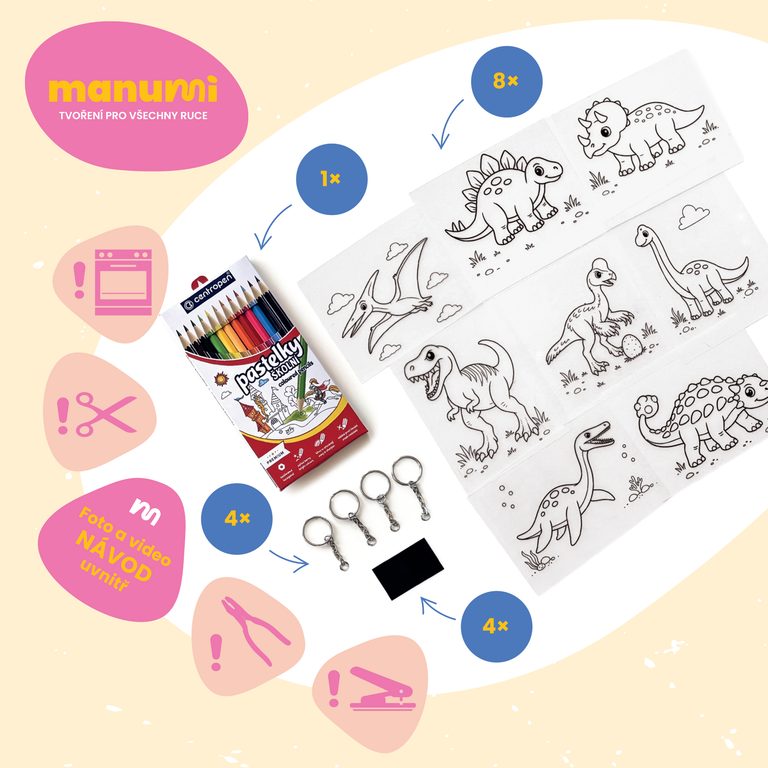 Manumi kreativní sada na výrobu magnetek a klíčenek ze smršťovací fólie s motivy Dinosaurů