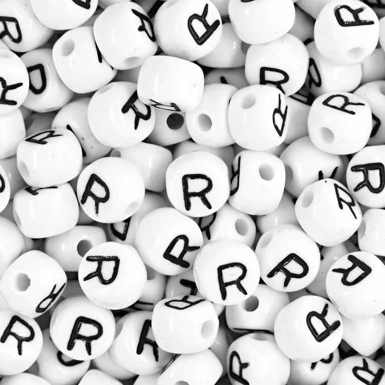 White plastic bead 7x5 mm with letter R