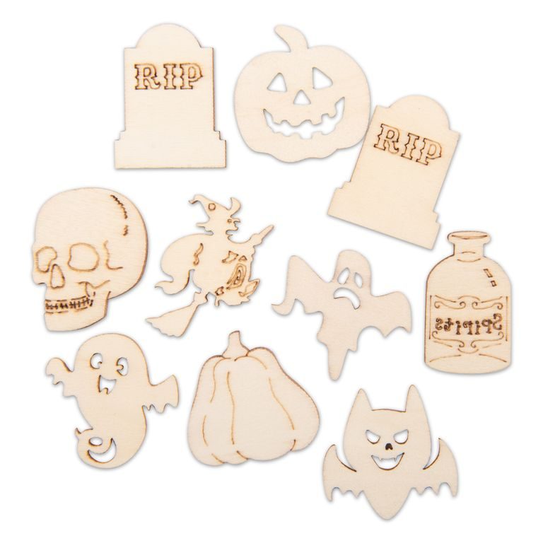 Zmes drevených výrezov Halloween 10 ks